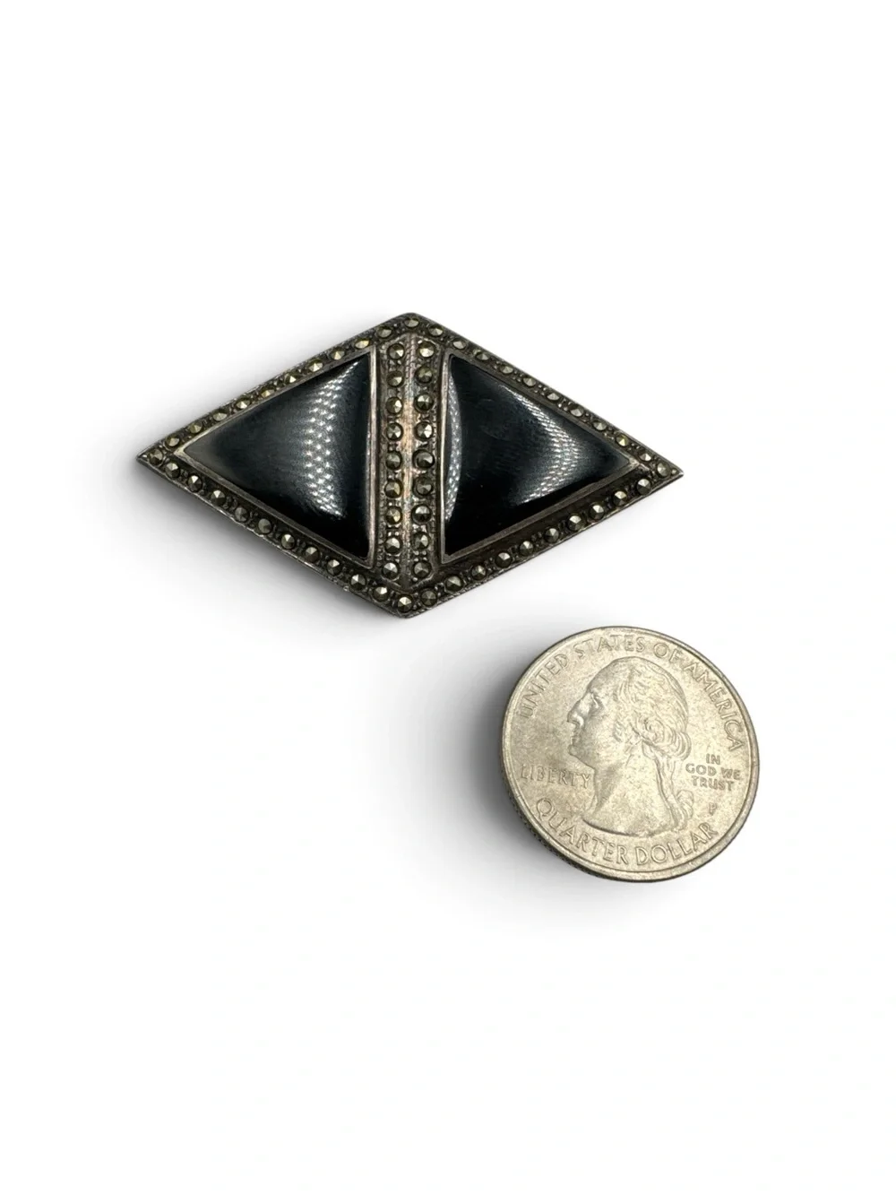 Vintage Sterling Silver Black Onyx Marcasite Brooch 2.25” Art Deco Sterling
